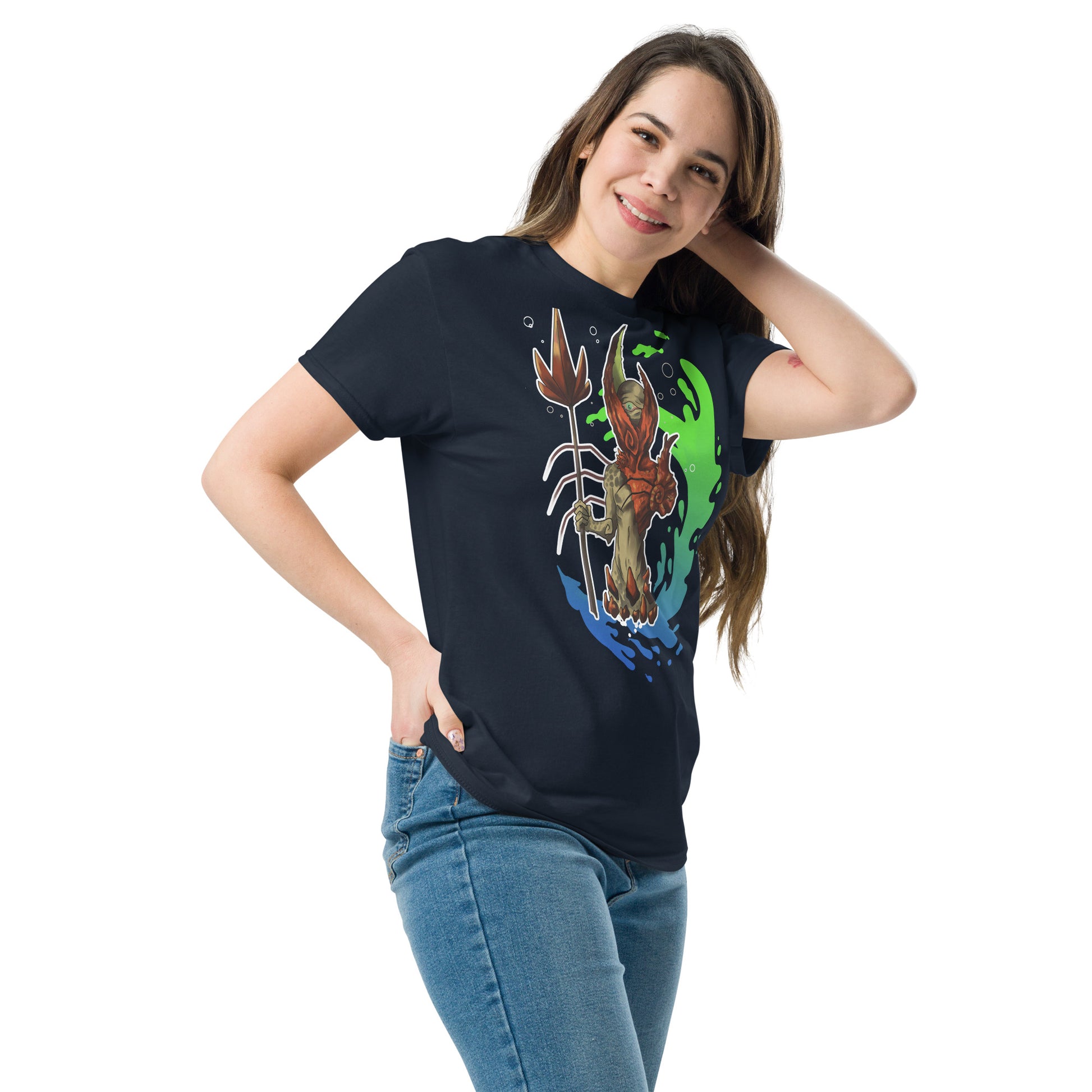 Perfil derecho: Desde el perfil derecho, la camiseta revela su corte clásico y ajustado, mostrando la caída natural del algodón y destacando su estructura.