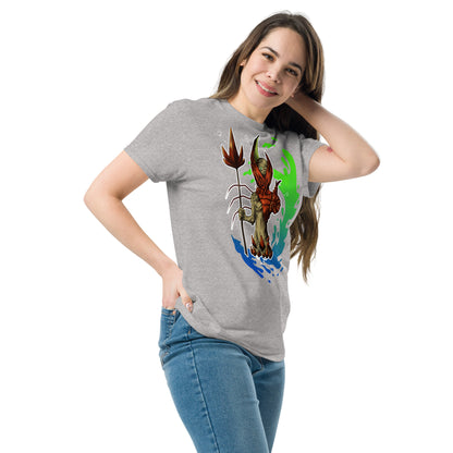 Chica con Camiseta Clásica Unisex El Guardián del Hades – Arte y Estilo Atemporal-color gris-vista de frente lateral derecha-colección símera-art