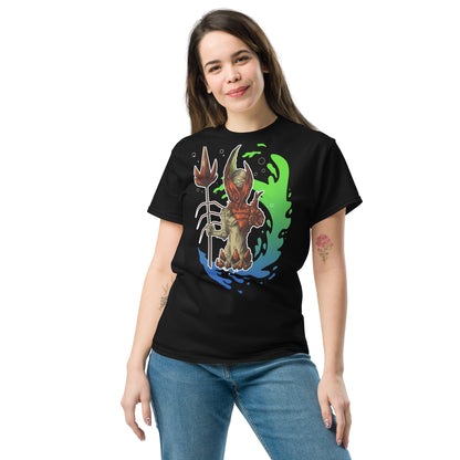 La ilustración "El Guardián del Hades" toma el protagonismo en el frente de esta camiseta, destacando cada detalle artístico que cuenta una historia de mitología y fantasía. Ideal para quienes buscan algo único.