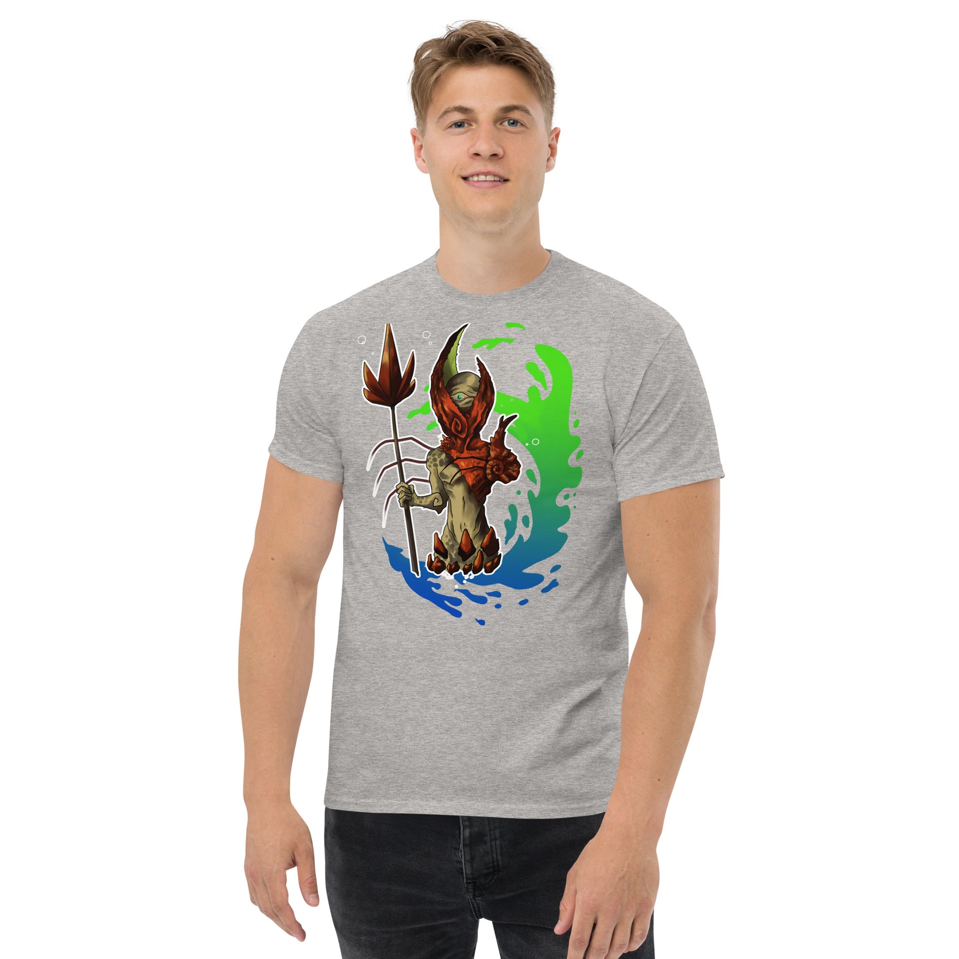 Chico con Camiseta Clásica Unisex El Guardián del Hades – Arte y Estilo Atemporal-Gris-De Frente-Colección Símera-Art