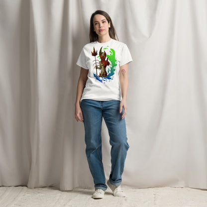 Camiseta Clásica Unisex El Guardián del Hades – Arte y Estilo Atemporal-color blanco-vista de frente de pie, combinada con jeans-colección simera-art.com