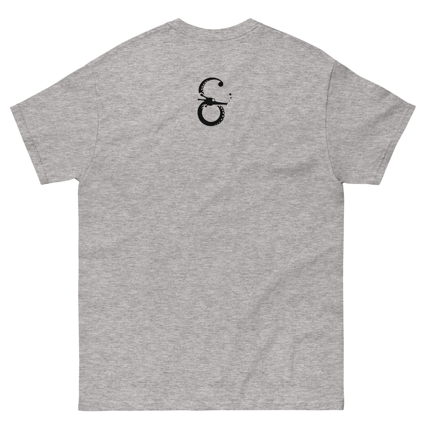 Camiseta Clásica Unisex El Guardián del Hades – Arte y Estilo Atemporal-color gris-vista de espalda-logo símera-colección símera-art