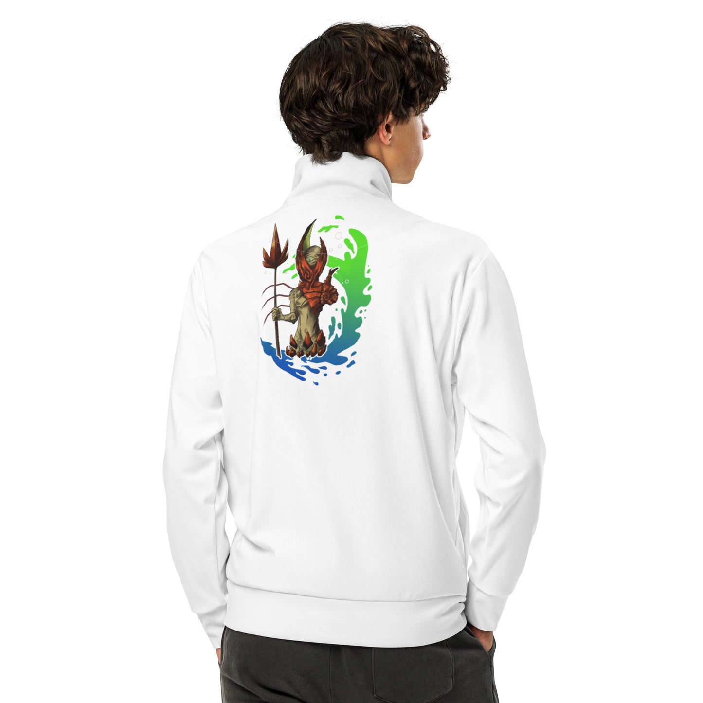 Diseño mitológico vibrante sobre una chaqueta holgada, ideal para uso diario y actividades deportivas.