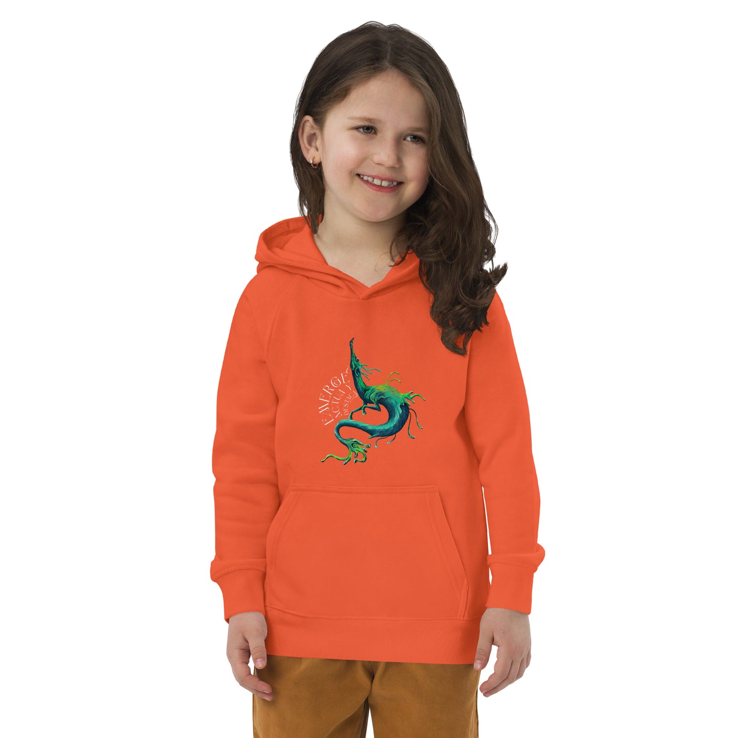 Sudadera ecológica naranja para niños con diseño artístico de un Hipocampo mítico, inspirado en el océano.