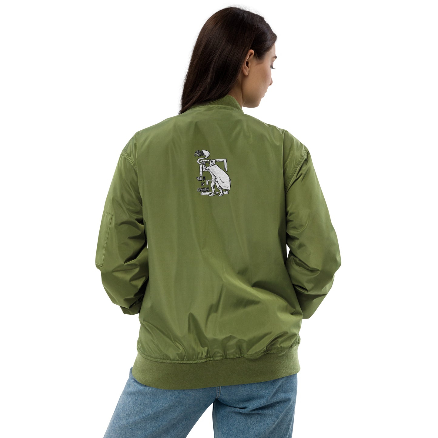 Vista trasera de la chaqueta verde: Ajuste unisex con detalles acanalados, perfecto para mantenerte cómodo y cálido.