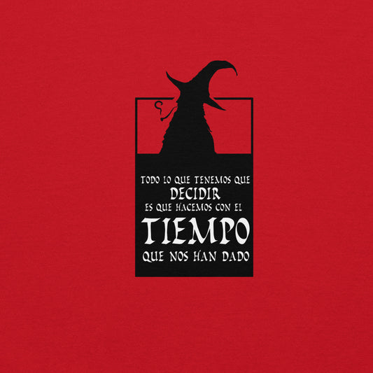 Frontal de la sudadera unisex Gandalf en color rojo, mostrando un diseño icónico inspirado en el personaje de Gandalf y texto motivacional.