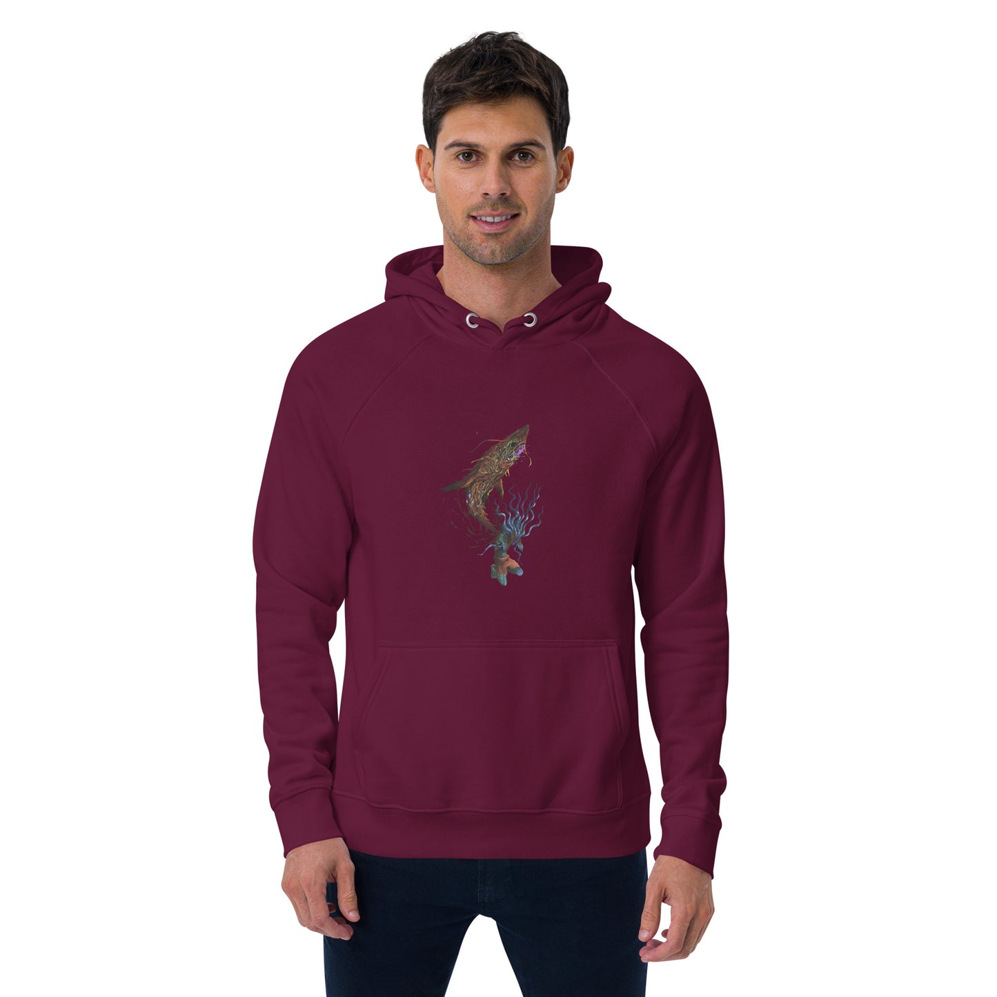 La sudadera morada unisex combina la suavidad de sus materiales ecológicos con el arte único del diseño Demonsea, ideal para los días fríos.