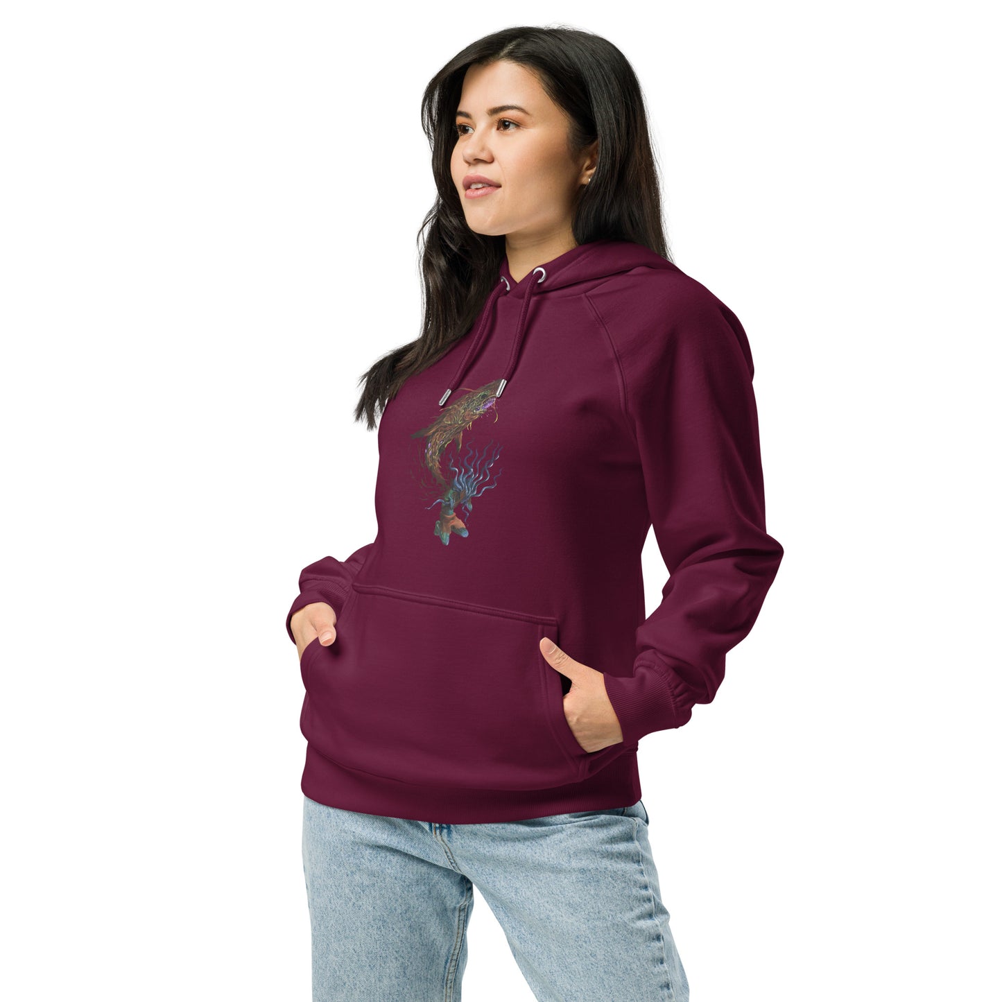 La sudadera morada unisex combina la suavidad de sus materiales ecológicos con el arte único del diseño Demonsea, ideal para los días fríos.