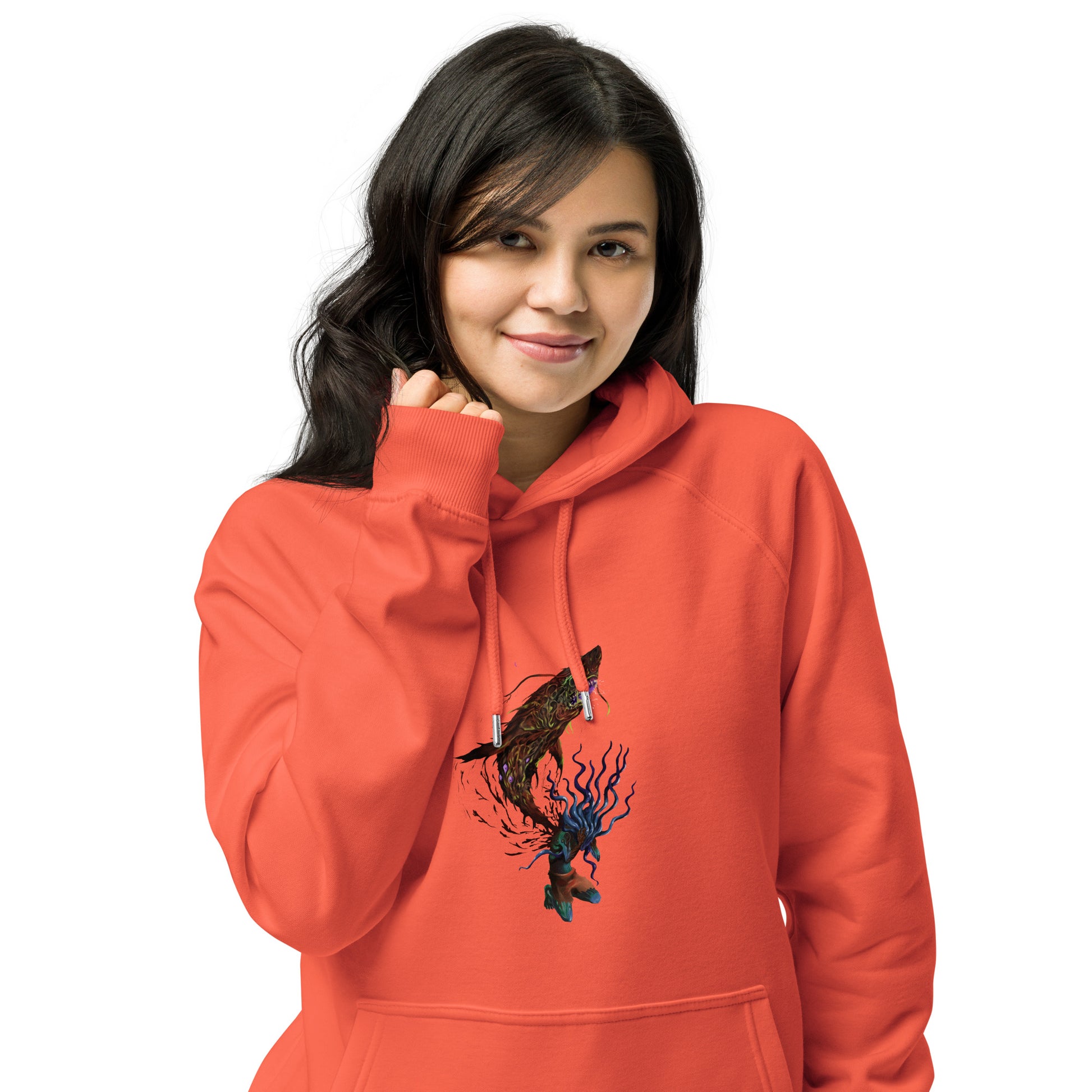 Luce el diseño Demonsea, un símbolo de fuerza y rebeldía, en esta vibrante sudadera naranja eco-friendly. Perfecta para destacar en cualquier entorno