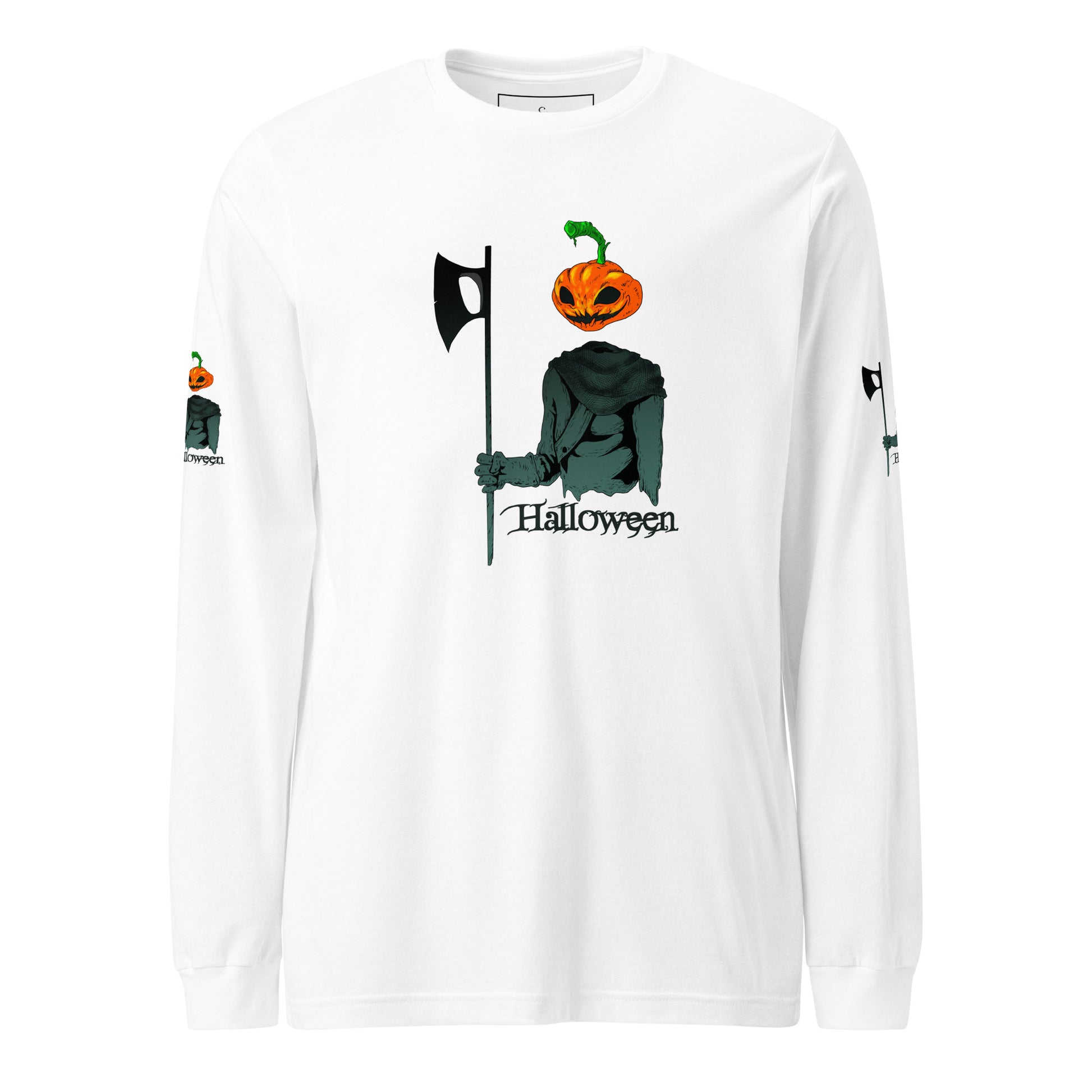 Camiseta blanca de manga larga unisex con un diseño de calabaza y farol bordado, ideal para la temporada de otoño.