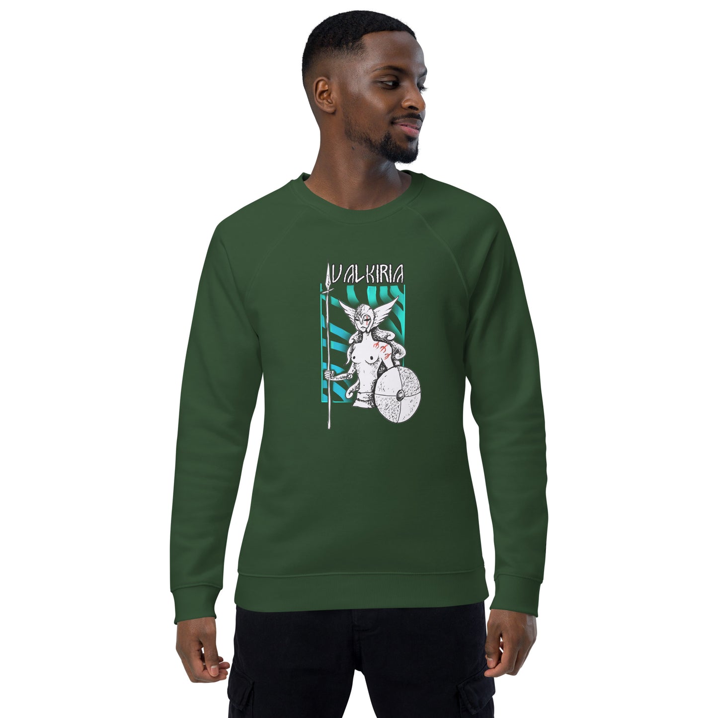 Vista frontal del diseño pagano: Sudadera verde con diseño inspirado en las leyendas del Yule, perfecta para quienes celebran el solsticio de invierno.