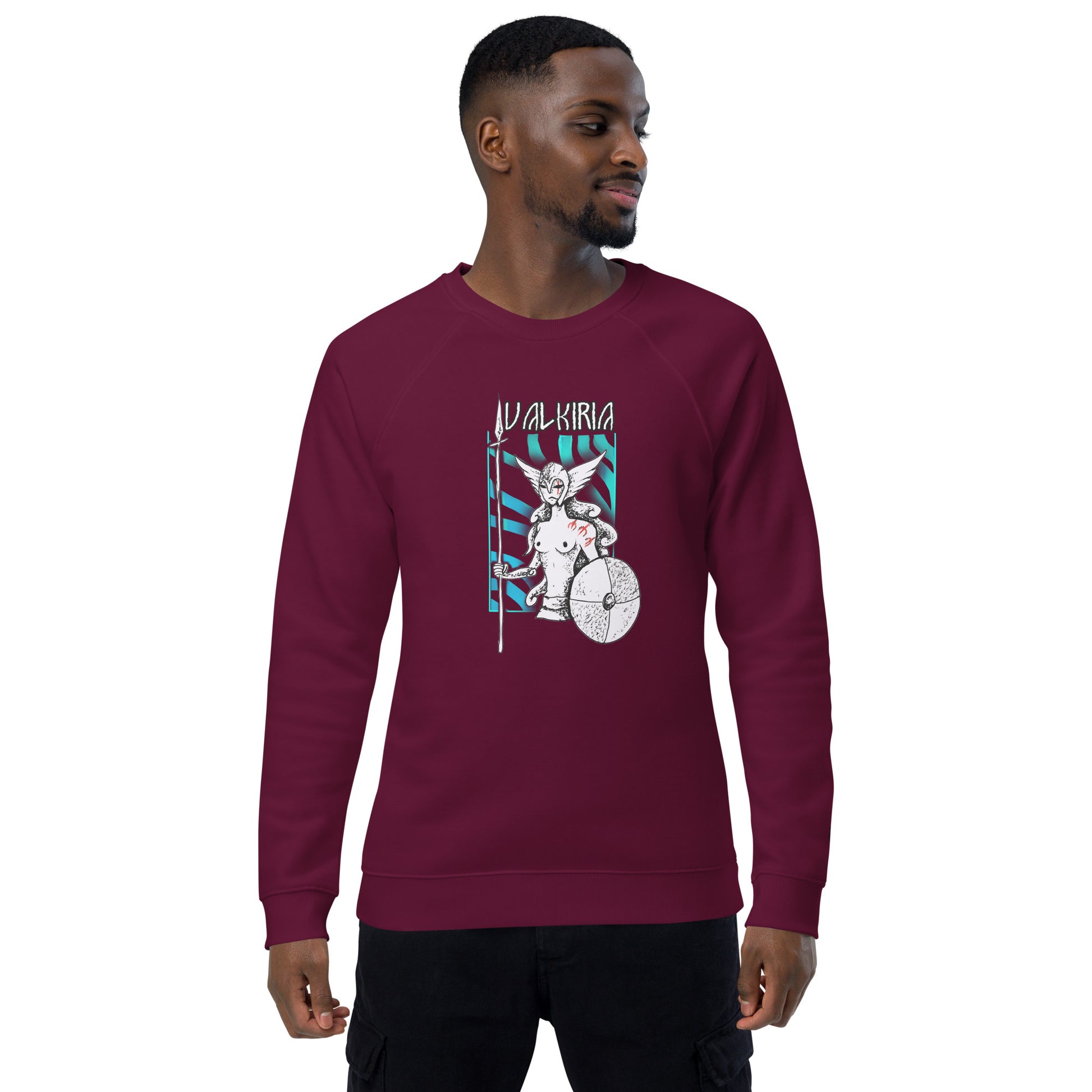 Vista frontal del diseño pagano: Sudadera bergoña con diseño inspirado en las leyendas del Yule, perfecta para quienes celebran el solsticio de invierno.