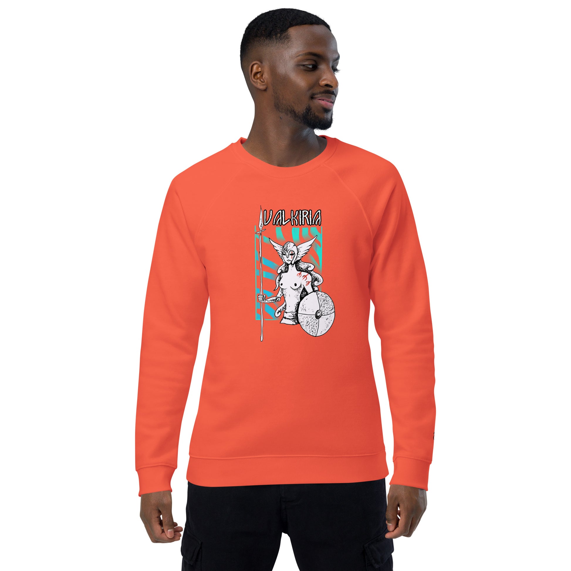 Vista frontal del diseño pagano: Sudadera naranja con diseño inspirado en las leyendas del Yule, perfecta para quienes celebran el solsticio de invierno.