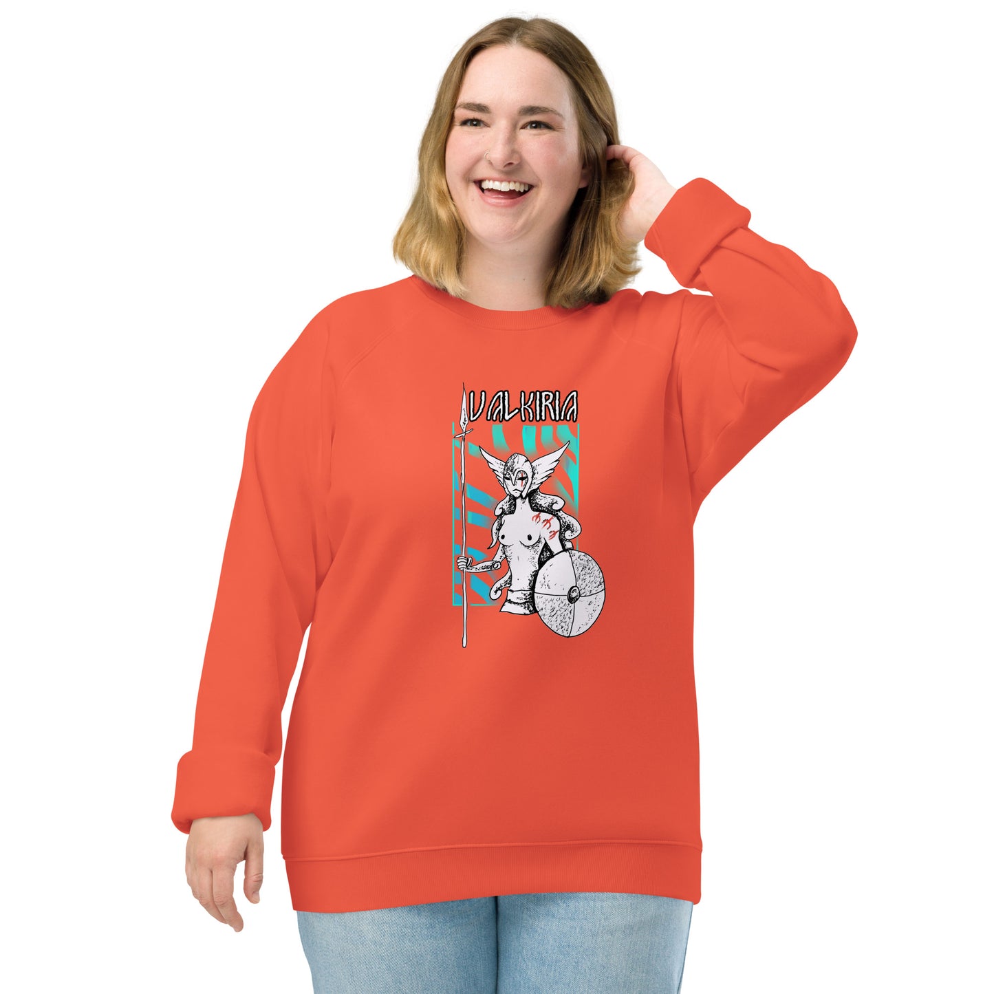 Vista frontal del diseño pagano: Sudadera naranja con diseño inspirado en las leyendas del Yule, perfecta para quienes celebran el solsticio de invierno.