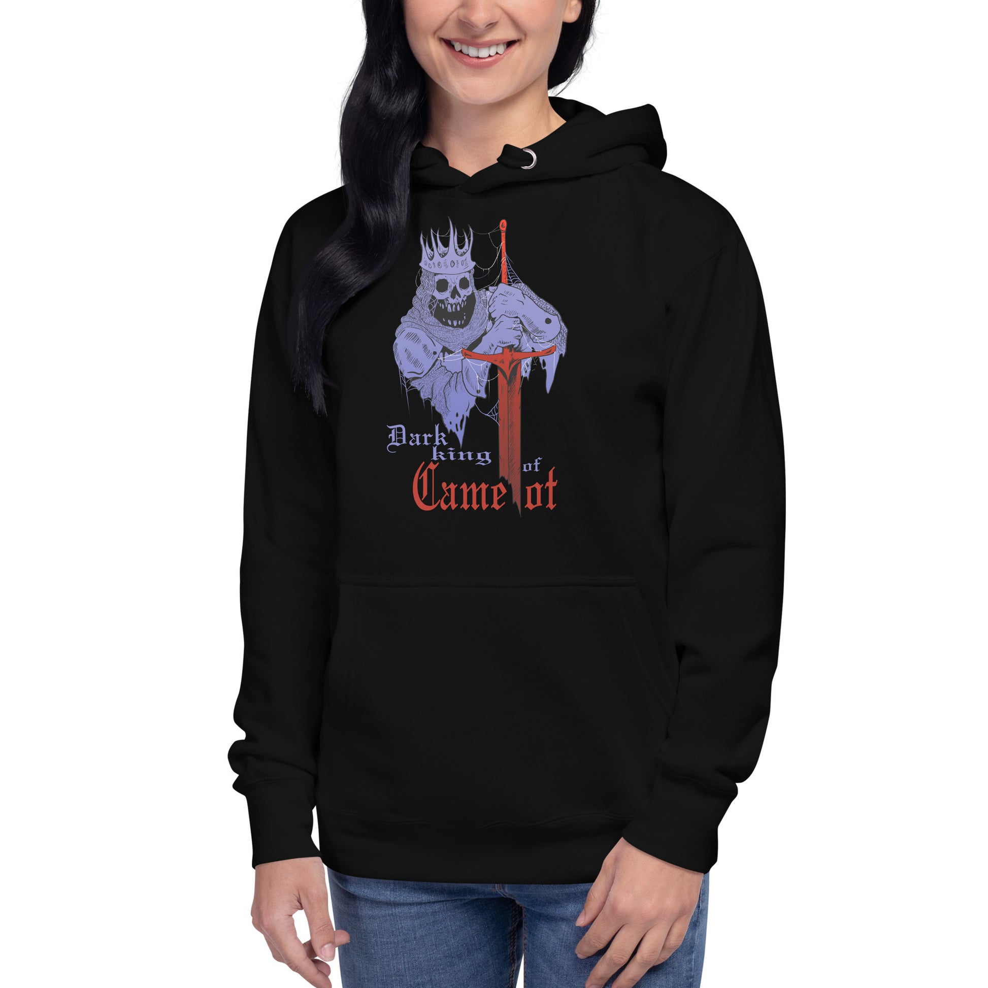 Vista frontal de la sudadera Dark King of Camelot: Diseño exclusivo inspirado en mitología, ideal para looks urbanos y artísticos.