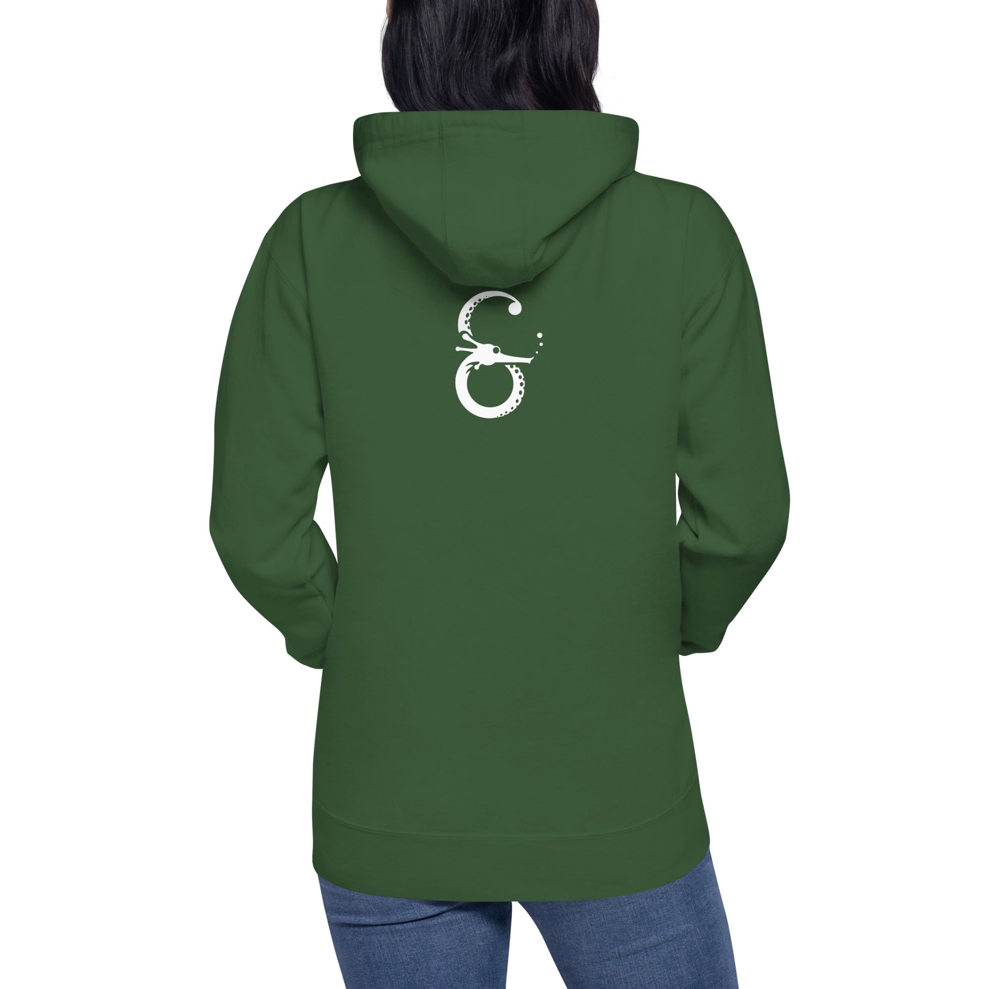 Vista trasera de la sudadera con capucha verde, con el logo de Símera en el centro superior.