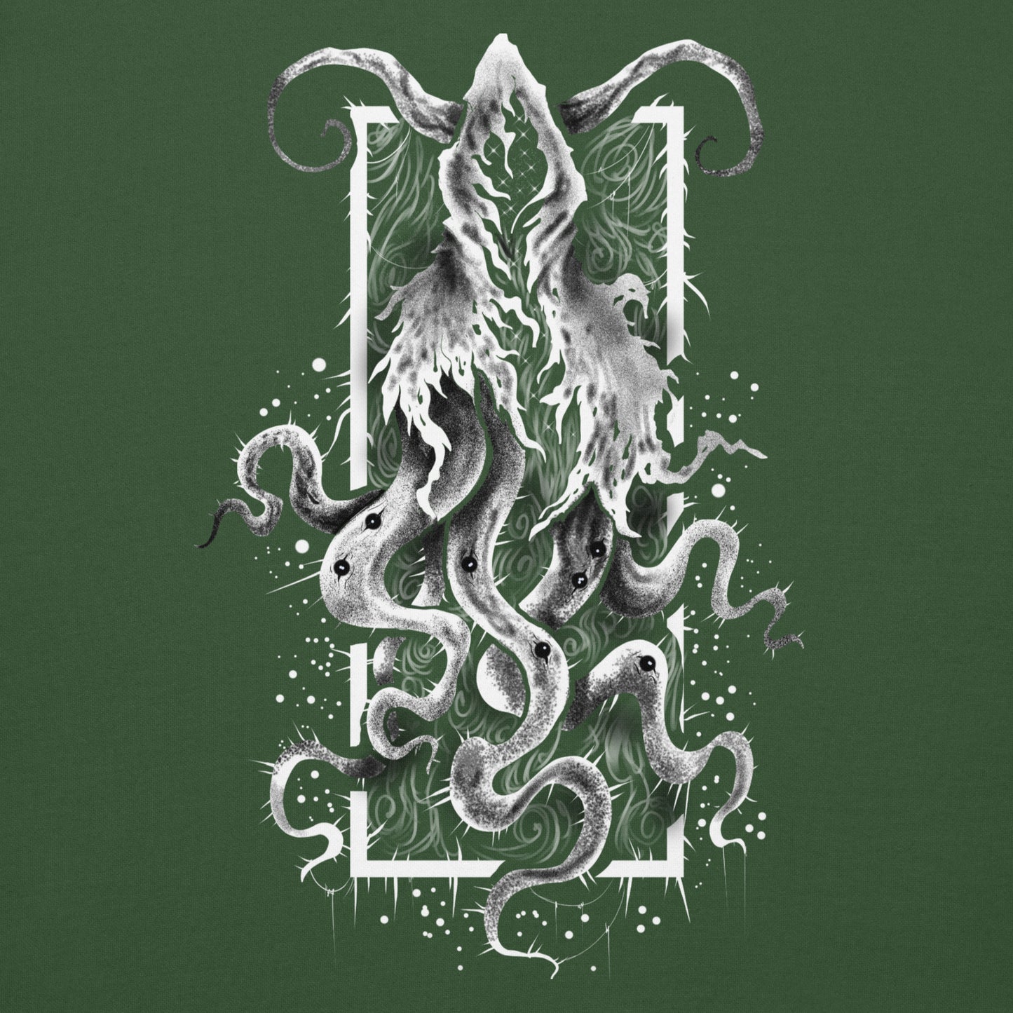 Primer plano del diseño de Dictador Cósmico en la sudadera verde, mostrando los tentáculos y el estilo inspirado en Lovecraft.