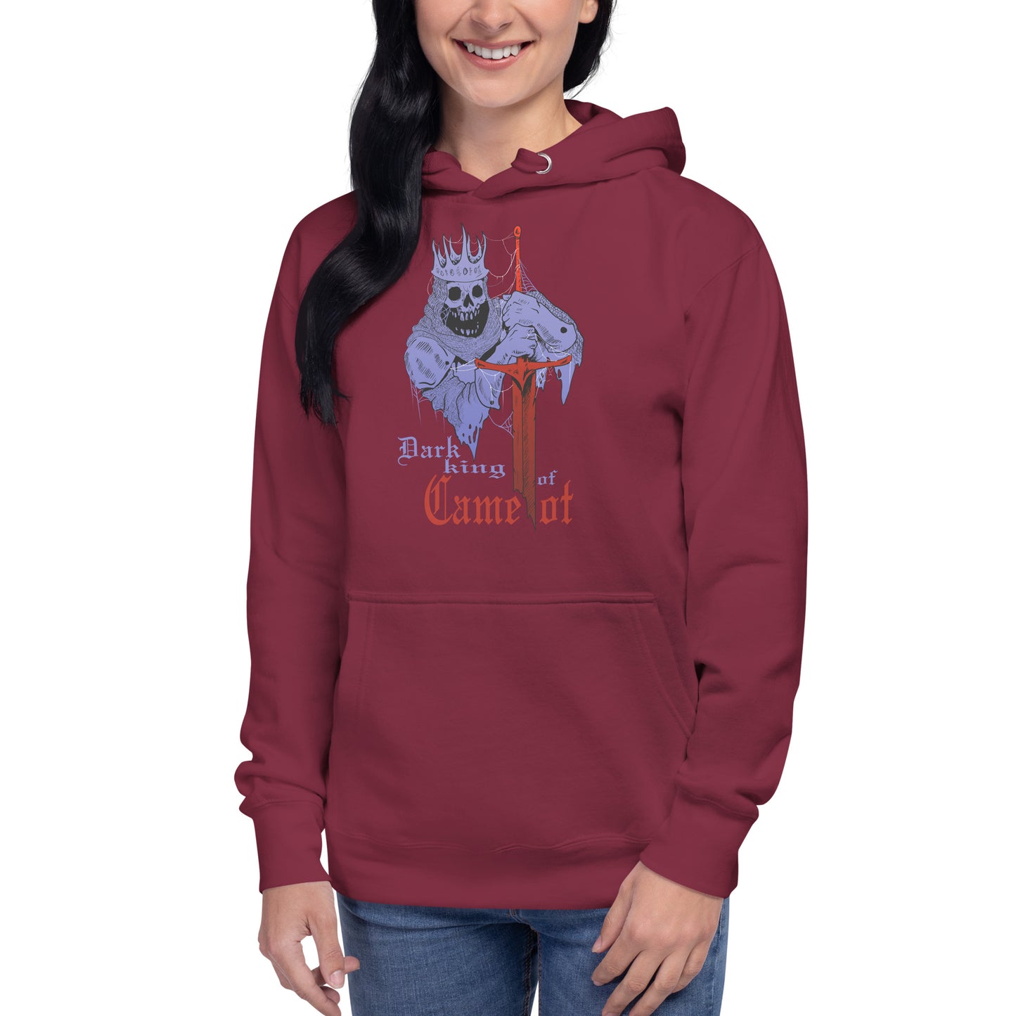 Vista frontal de la sudadera Dark King of Camelot: Diseño exclusivo inspirado en mitología, ideal para looks urbanos y artísticos.