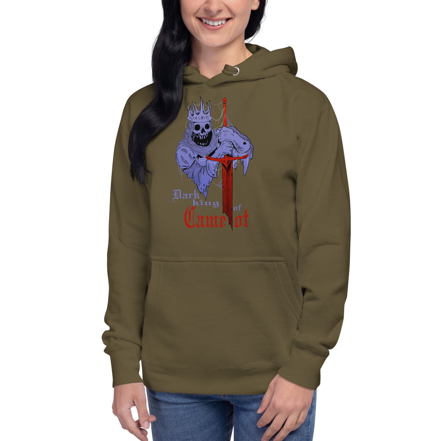 Vista frontal de la sudadera Dark King of Camelot: Diseño exclusivo inspirado en mitología, ideal para looks urbanos y artísticos.