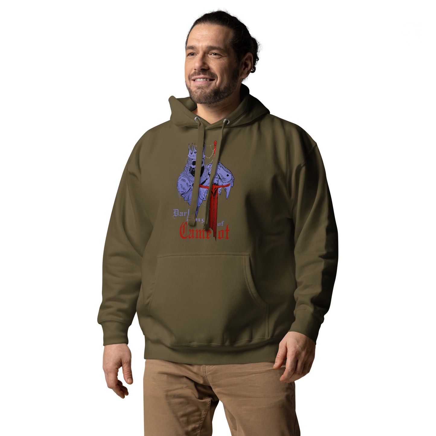 Vista frontal de la sudadera Dark King of Camelot: Diseño exclusivo inspirado en mitología, ideal para looks urbanos y artísticos.