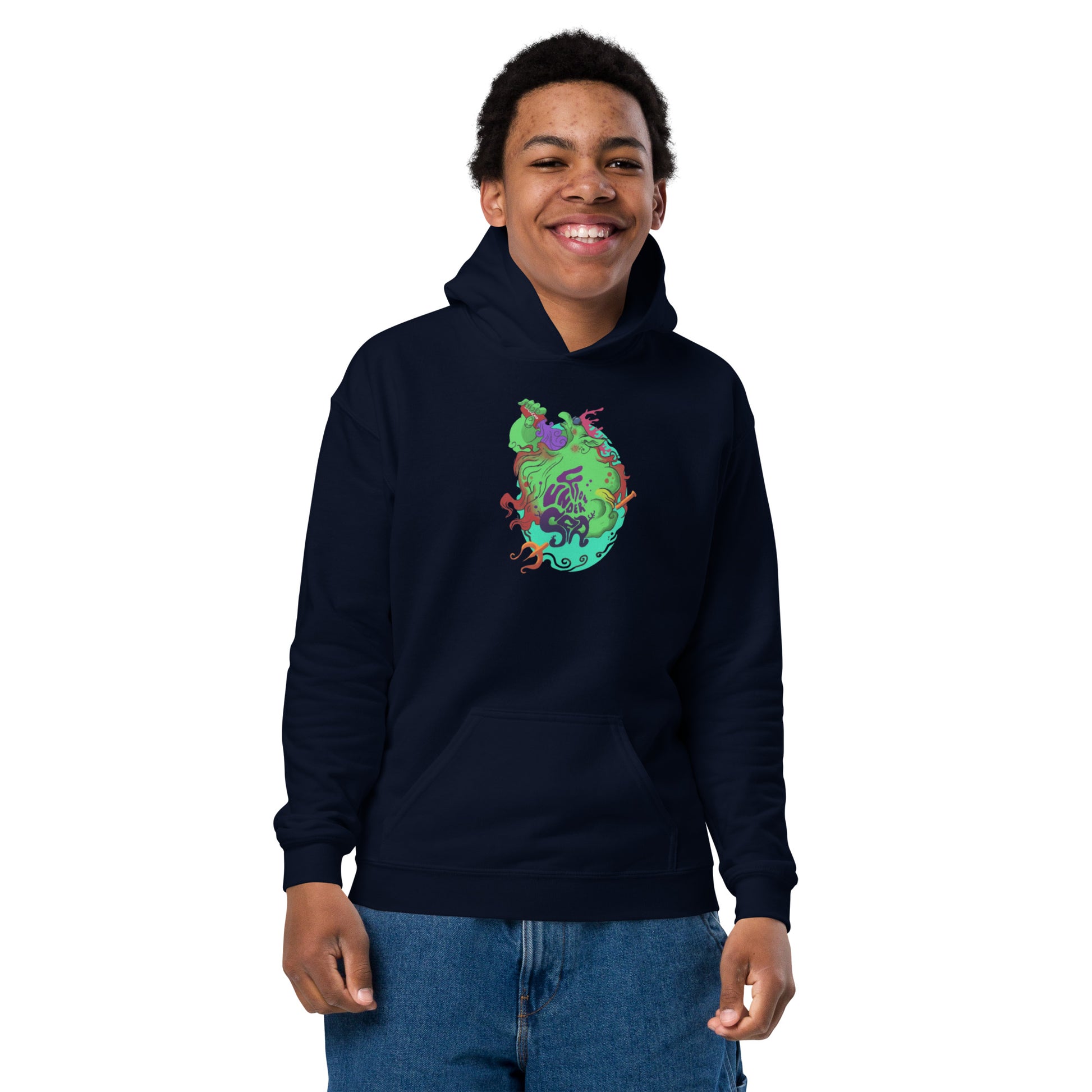 Sudadera juvenil Flow Under Sea con diseño artístico único, ideal para niños activos y creativos.