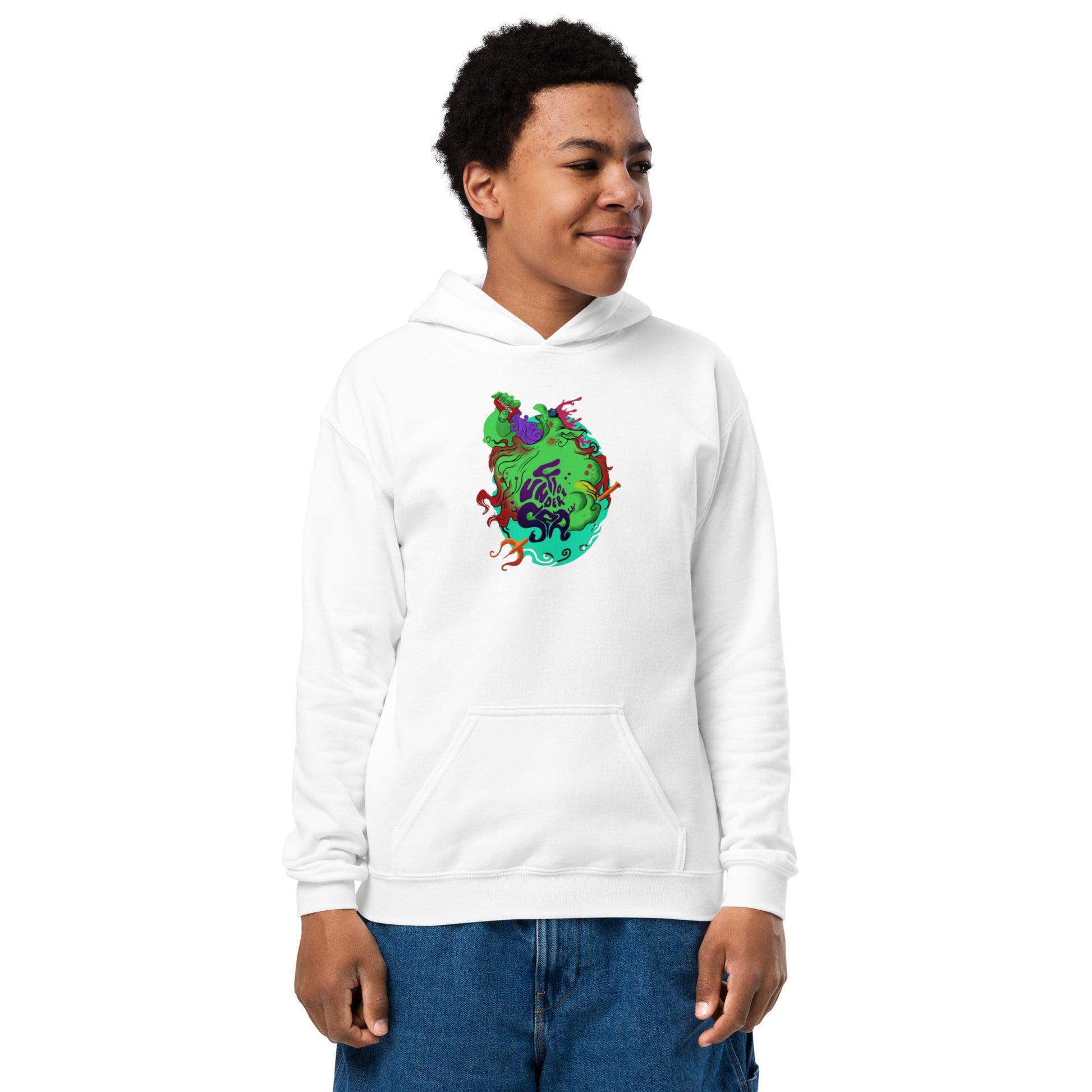 Sudadera juvenil Flow Under Sea con diseño artístico único, ideal para niños activos y creativos.